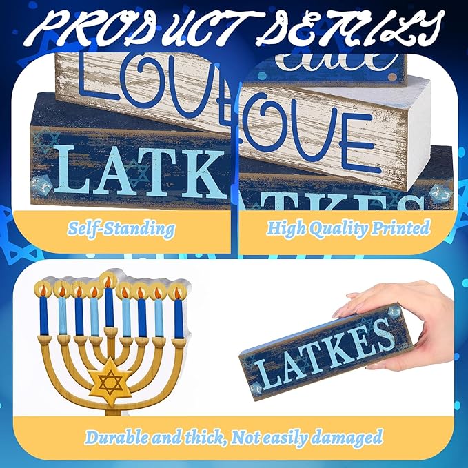 4 Pcs Hanukkah Decorations for Home Chanukah Table Decor Wooden Menorah Decoration Hanukkah Centerpiece Rustic Menorah Block Signs Jewish New Year Decoration for Home Tiered Tray Decor