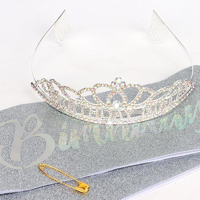 CAVETEE Birthday Headband for Women，Silver Birthday Crowns & Sash - Queen Tiara for Party