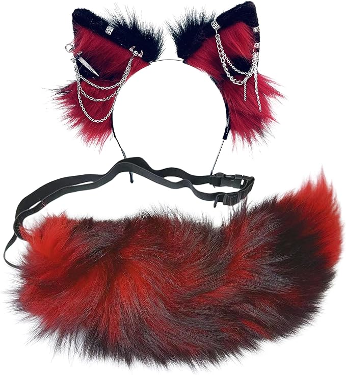 Wolf Ears Tail Set Fox Wolf Headbands Clips Fluffy Cosplay Costumes, Gothic Punk Accessories for Halloween