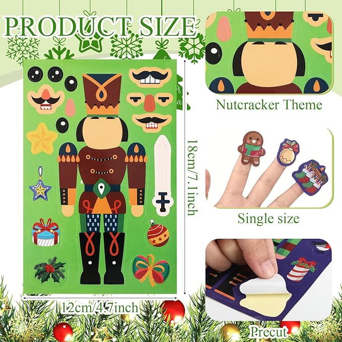 48 Sheets Christmas Nutcracker Fun Sticker Set Make a Face Toy for Kids Create Your Own Faces Nutcracker Ornament Xmas DIY Craft Self Adhesive Decal Gift Bag Stuffer Classroom Party Favor