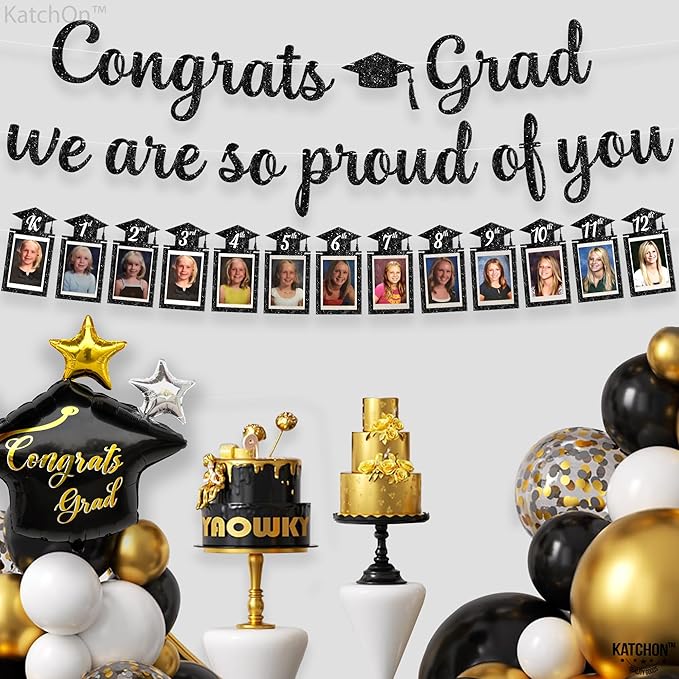 KatchOn, Glitter Black Congrats Graduation Banner - Large, No DIY, 10 Feet | We are So Proud of You Banner | K-12 Grad Photo Banner for Graduation Decorations 2025 | Grad Decorations Class of 2025