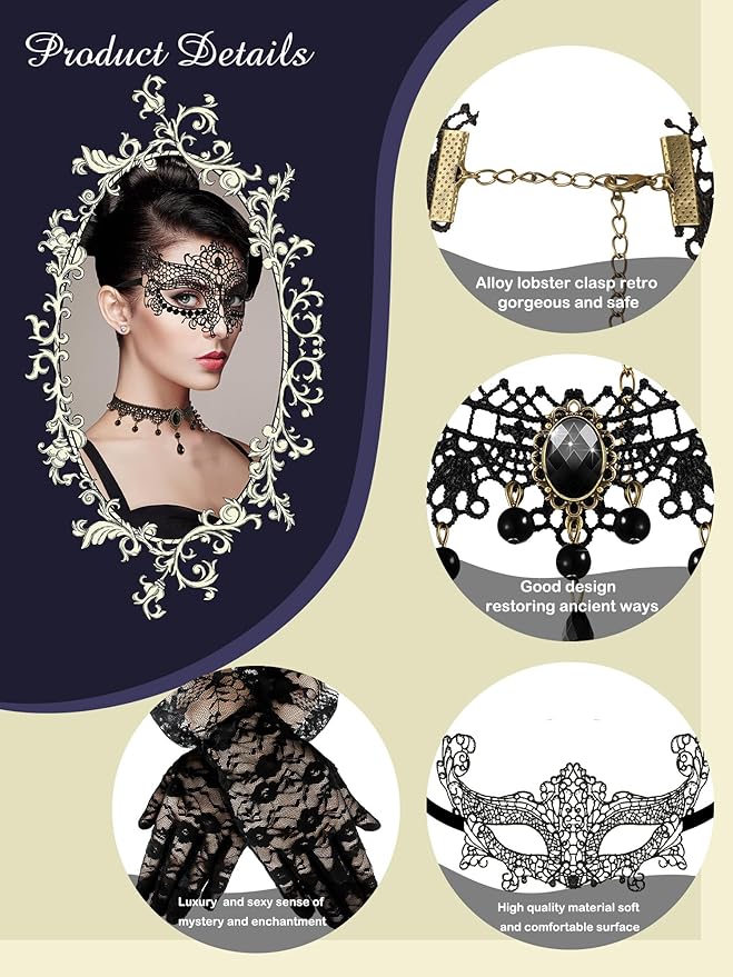 Newcotte 6 Pcs Masquerade Mask for Women Lace Mask Choker Necklace Glove for Christmas Halloween Venetian Party 80s 90s