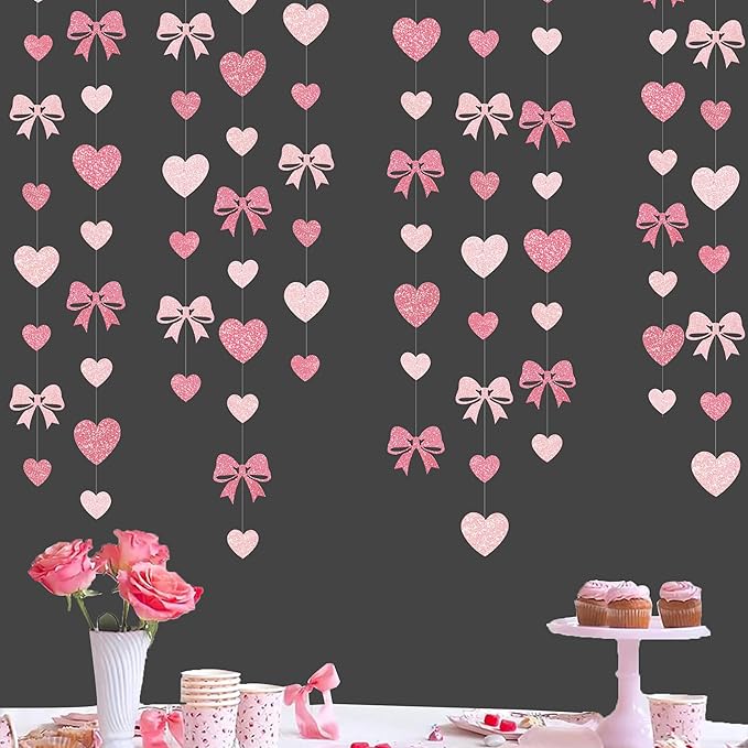 Pink Bow Decorations Pink Glitter Paper Heart Bow Hanging Garland Streamer for Coquette Birthday Valentines Bachelorette Anniversary Wedding Bridal Shower Baby Shower Hen Party Decorations Supplies