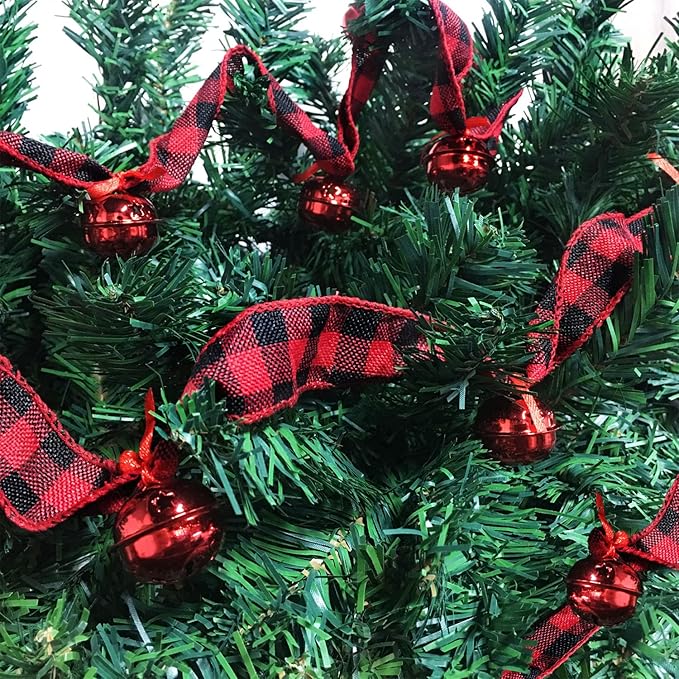 Jishi Rustic Buffalo Plaid Ribbon Garland - 6 Yards with Jingle Bell & Metal Sleigh Bell Ornaments