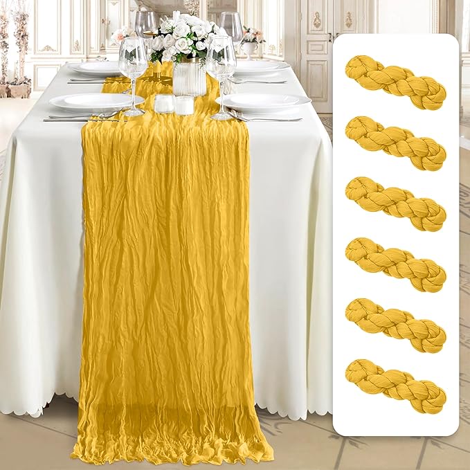 Cheesecloth Table Runner 6 Pack – 35x120 Inch (10ft) Boho Rustic Gauze Cloth Runners – Crinkle Polyester Table Decor for Wedding, Baby Shower, Bridal Shower, Birthday Party and More (Gold Yellow)