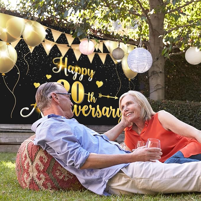HAMIGAR 6x4ft Happy 20th Anniversary Banner Backdrop - 20 Wedding Anniversary Decorations Party Supplies - Black Gold