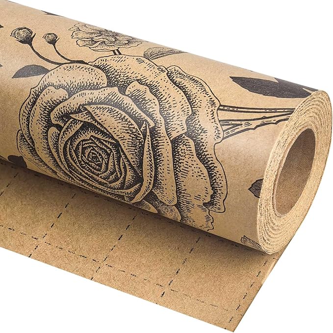 YXTII Kraft Floral Wrapping Paper, Gift Wrap with Cut Lines, Vintage Black Floral Design for Birthday, Wedding, Valentines, Christmas, Bridal Shower, Baby Shower, 17 Inches x 9.8 Feet, Mini Roll