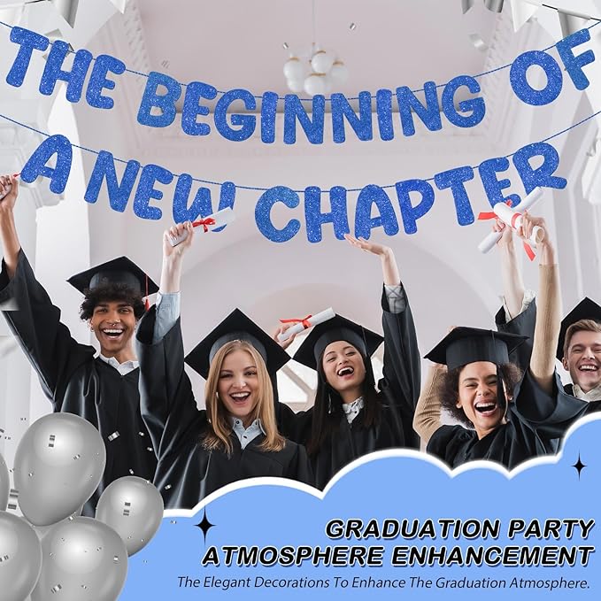 Fulmoon Pre Strung the Beginning of a New Chapter Banner, Glitter Graduation Party Decorations, Happy Retirement Supplies, Going Away Farewell New Home Job Change Party Sign Garland(Navy Blue)