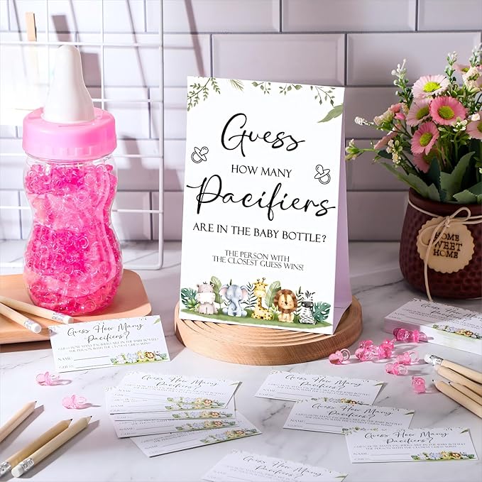 Roowest 512 Pcs Baby Shower Games Guess How Many Pacifiers Sign 100 Small Guessing Games 10 HB Pencils 750ml Milk Bottle 400 Acrylic Pacifiers Decoration for Guest Gender Reveal(Pink,Animal)