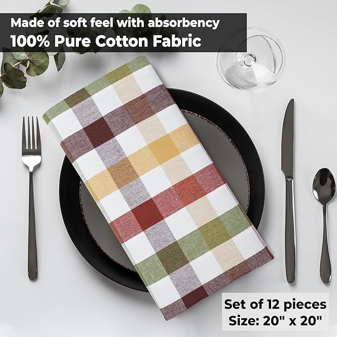 Urban Villa Cloth Napkins Harvest Checks Dinner Napkins Set of 12 20X20 100% Cotton Absorbent Washable Durable Reusable Cloth Napkins Ideal for Farmhouse Party Thanksgiving Harvest Fall Dinner Napkins