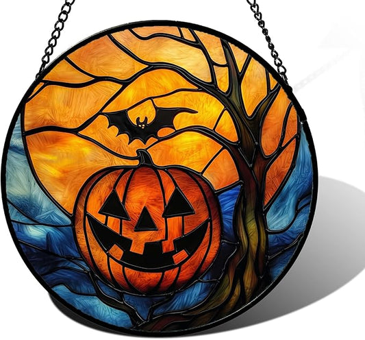 Stained Glass Window Hanging, Pumpkin Bat Moon Tree Suncatcher for Doors Home Sun Catchers Decoration and Christmas, Mother's Day Birthday Gifts for Women, Men, and Mom 9.8 in