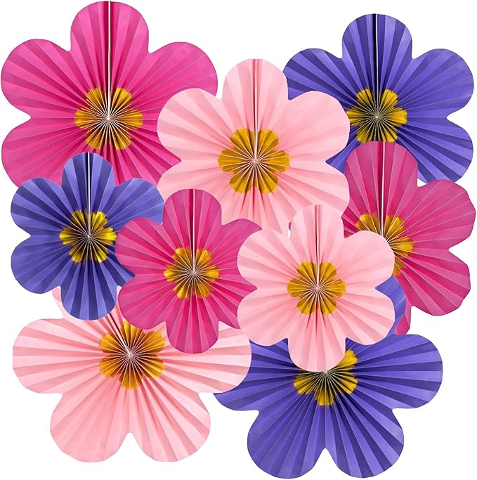 9 PCS Paper Fans Decorations, Pink and Purple Birthday Decorations, Paper Flowers, Classroom Decoration