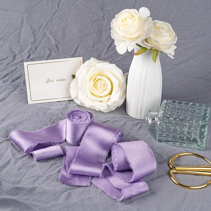 Satin Silk Ribbon, Purple Ribbon for Wrapping, 1-1/2 inch x 15 Yd Handmade Frayed Fringe Ribbons, for Wedding Engagement Birthday Showers Crafts Flower Bouquets Invitation Decor, 3 Rolls