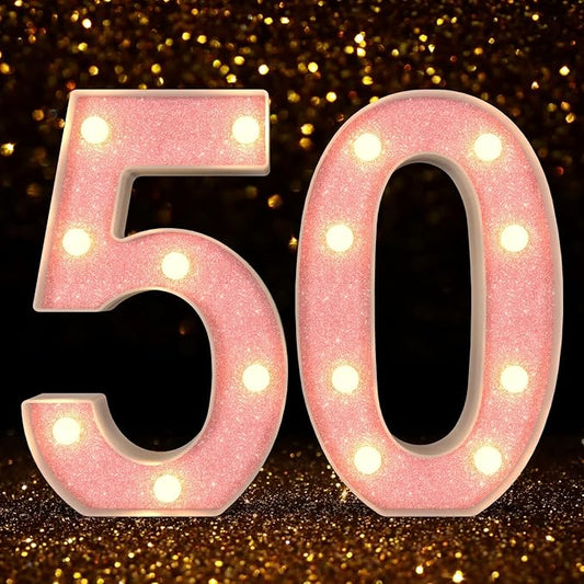 Marquee Light up Numbers 0-9, Battery Powered LED Light, Pink Glitter Plastic for 50th Birthday Decorations, Graduation Engagement Wedding Decor (Number 50)