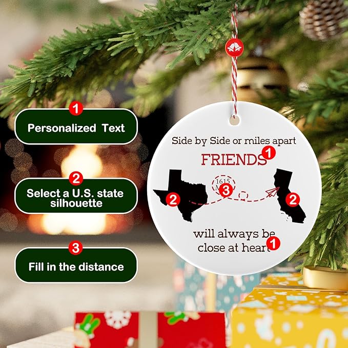 Personalized State Christmas Ornament - Custom Long Distance Gifts for Family Couple Friend Bestie, Customized 2025 Ornament for Those Miles Apart, Close at Heart - Any Two
