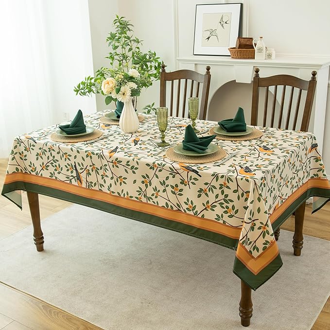 French Tablecloth Waterproof, Kumquat and Oriole Vintage Style Print – Stain Resistant, Washable Fabric Table Cover for Dining, Kitchen, Party, Vibrant Nature-Inspired Home Decor, W52 x L70