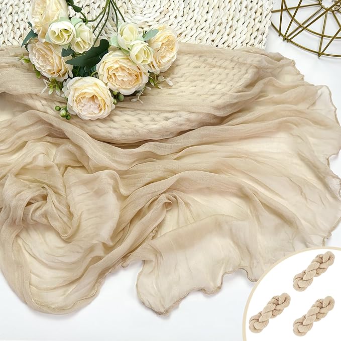 Booque Valley 3 Pack Beige Cheesecloth Table Runner 10ft Super Soft Boho Wrinkled Gauze Sheer Cloth for Baby Shower Baptism Birthday Party Wedding Centerpiece Table Decoration, 35x120 Inch