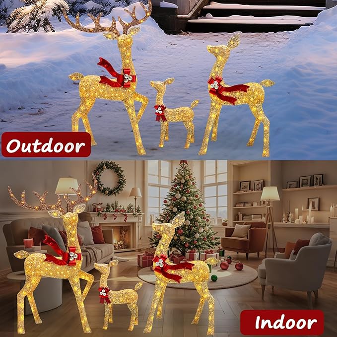 2025 New 3D 58 Inch Large Christmas Deer Family Set, 3-Piece Lighted Reindeer Decoration for Indoor Outdoor Front Yard Porch with 210 LED Jump Lights, Plug - Gold