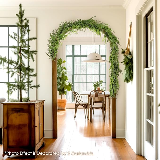 WBHome 2 PCS Real Touch Norfolk Pine Christmas Garland, Winter Greenery Garland for Christmas, Holiday Seasonal Outdoor/Indoor Home Decor, 9FT Long