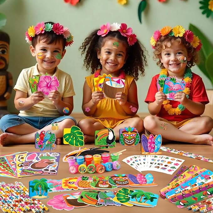 BenLouis 216Pcs Hawaiian Luau Party Favors Aloha Summer Tropical Tiki Theme School Stationery Set Bulk for Kids Beach Pool Birthday Party Goodie Bag Stuffers Classroom Gifts Rewards Pinata Filler
