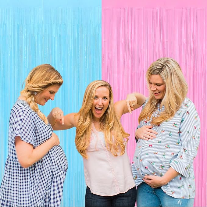 4 Pack 3.2Ft x 9.8Ft Pink Blue Fringe Curtain Backdrop, Metallic Tinsel Foil Fringe Streamers Curtains Background for Photo Booth Wedding Gender Reveal Backdrop Boy or Girl Birthday Party Decoration
