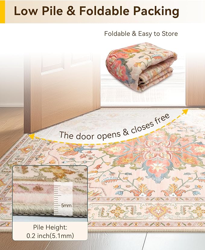 Area Rugs 6'x9' Washable Non-Slip, Floral Vintage Distress Print Pattern Medallion Carpet for Living Room Bedroom Dining Room, Light Pink Colorful