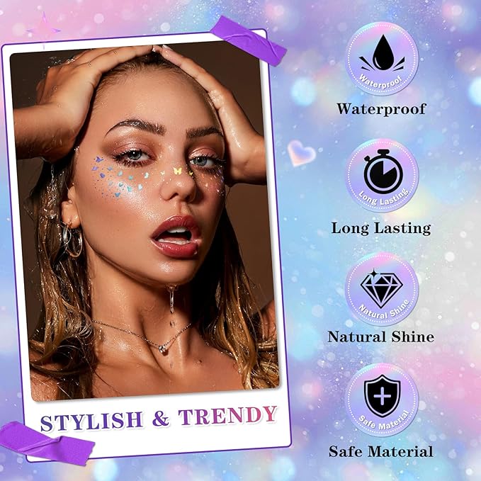 10PCS Holographic Multicolor Glitter Freckles Face Tattoos, Sparkle Freckles Makeup Patches, Long Lasting Waterproof Face Glitter Temporary Tattoos