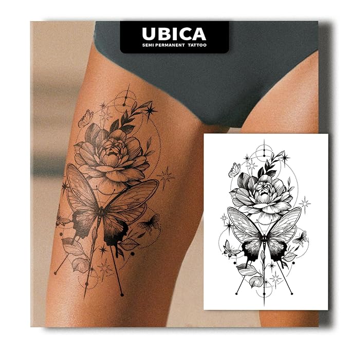 Semi Permanent Tattoos for Women, 2 Sheets Large Temporary Fake Tattoo, Lasts 7-15 Days Water-Resistant, Realistic Flower & Butterfly Design for Thigh Back, Non-Reflective Body Art Stickers