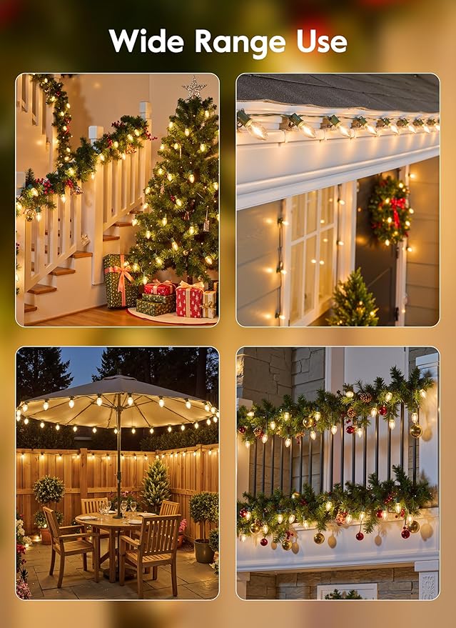 Vintage C9 LED Christmas Lights, 100 Feet C9 String Lights with 100 LED C9 Plastic Bulbs, Waterproof Connectable Lights for Christmas Tree Roofline Garden Patio Backyard Cafe Decor, Warm White