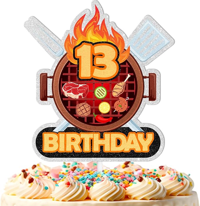 Barbecue Cake Topper Teen BBQ Theme 13th Birthday Happy Sausage Kebab Decoration, Boy and Girl Birthday Party, Summer Outdoor Picnic Party, Anniversary Friend Family Gathering Cooking Grill Decoration