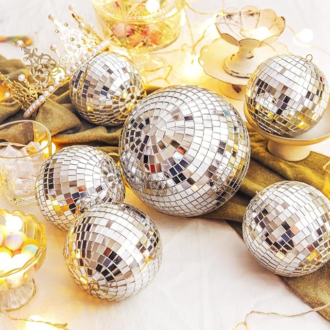 4 Pack Large Disco Ball Silver Hanging Disco Balls Reflective Mirror Ball Ornament for Party Holiday Wedding Dance and Music Festivals Decor Club Stage Props DJ Decoration (6 Inch)