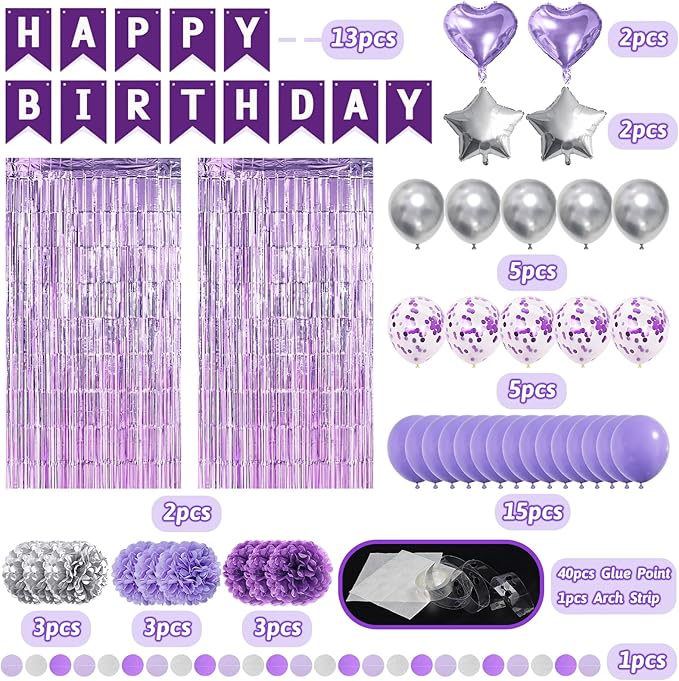 ZERODECO Purple Silver Birthday Party Decorations for Women Girls, Happy Birthday Banner Pompoms Balloon Arch Fringe Curtain Party Décor for Baby Girls Women Purple Silver Party