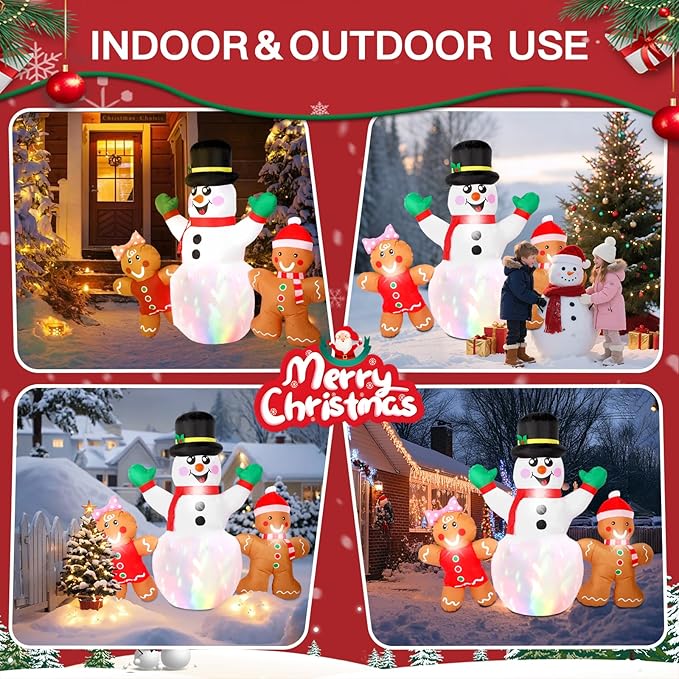 6FT Christmas Inflatables Decorations Outdoor，Blow Up Christmas Snowmen and Gingerbread Men with Built-in LEDs Lights for Indoor Holiday Party Yard Garden Lawn Décor