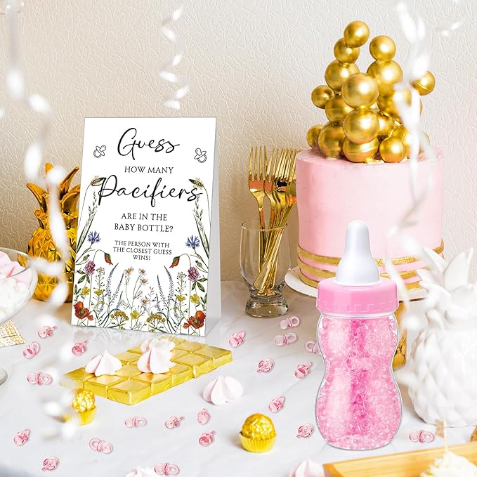Roowest 512 Pcs Baby Shower Games Guess How Many Pacifiers Sign 100 Small Guessing Games 10 HB Pencils 750ml Milk Bottle 400 Acrylic Pacifiers Decoration for Guest Gender Reveal(Pink,Bloom)