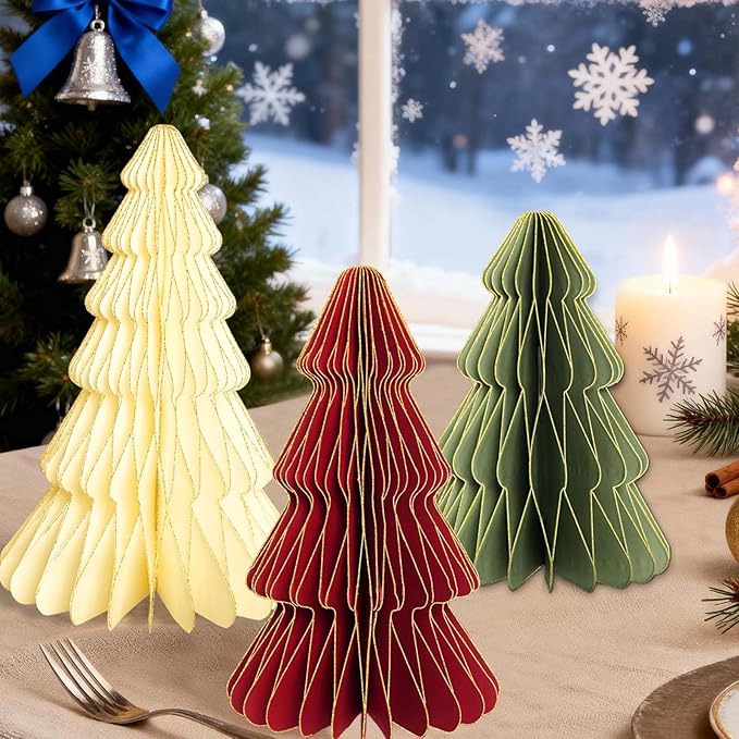 5Pcs Christmas Table Decorations Indoor, 3D Honeycomb Paper Christmas Trees, Light Up Green Red Beige Vintage Table Centerpieces for Christmas Winter Wonderland Holiday Party Home Decor, 8/10/12 Inch