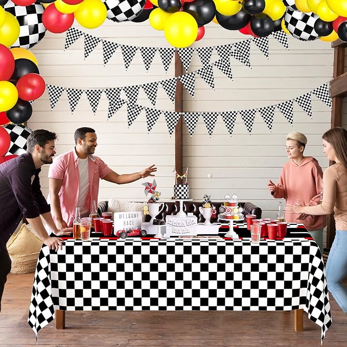 WNINK 3 PCS Racing Car Theme Tablecloths Car Disposable Plastic Tablecloths Black Checkered Flag Table Covers Racetrack Rectangular Tablecloth for Race Car Birthday Party Decorations, 54 x 108 Inch