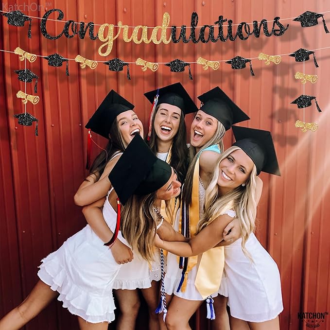Katchon Congratulations Banner - 10ft | Pre-strung Black And Gold Graduation Banner 2025 | Graduation Decorations 2025 For Party | Congrats Grad banner, Grad Sign, graduation Garland Class Of 2025