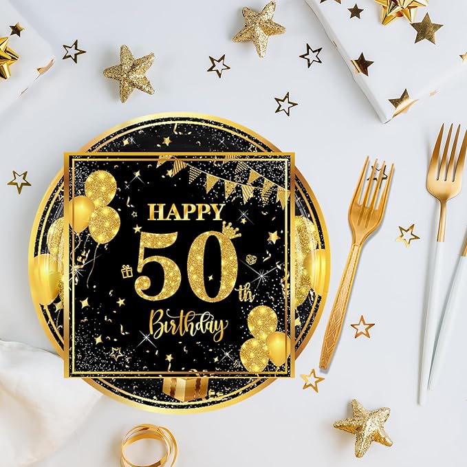 50th 7 inch Birthday Party Paper Plates and Napkins Forks 60 pcs Black Gold Decorations for Boys Girls Tableware Set for Birthday Anniversary Party Supplies,Serve 20