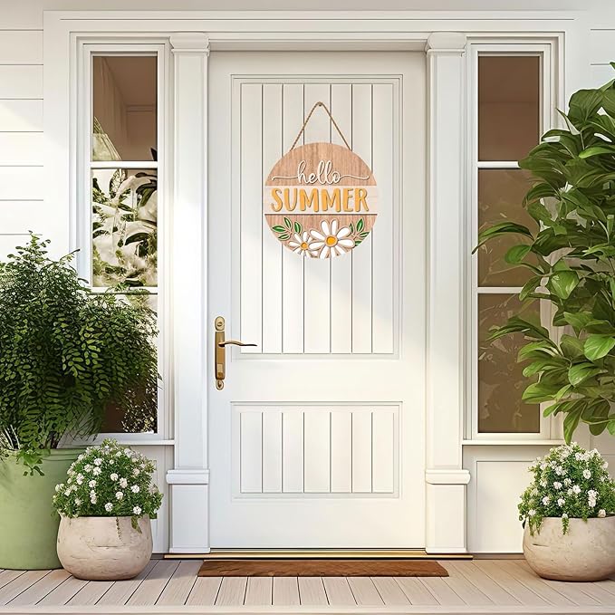 Hello Summer Welcome Door Sign Welcome Hello Summer Wooden Sign with Rope Door Hanger Wall Decoration Porch Decor Home Office Farmhouse Indoor Outdoor Wall Hanging Decoration