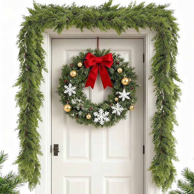 6FT Real Touch Cedar Garland, Christmas Artificial Cedar Garland, Artificial Cypress Leaf Vine Wreath for Mantle/Table/Stairs/Outdoor Indoor Christmas Decorations (2PCS)
