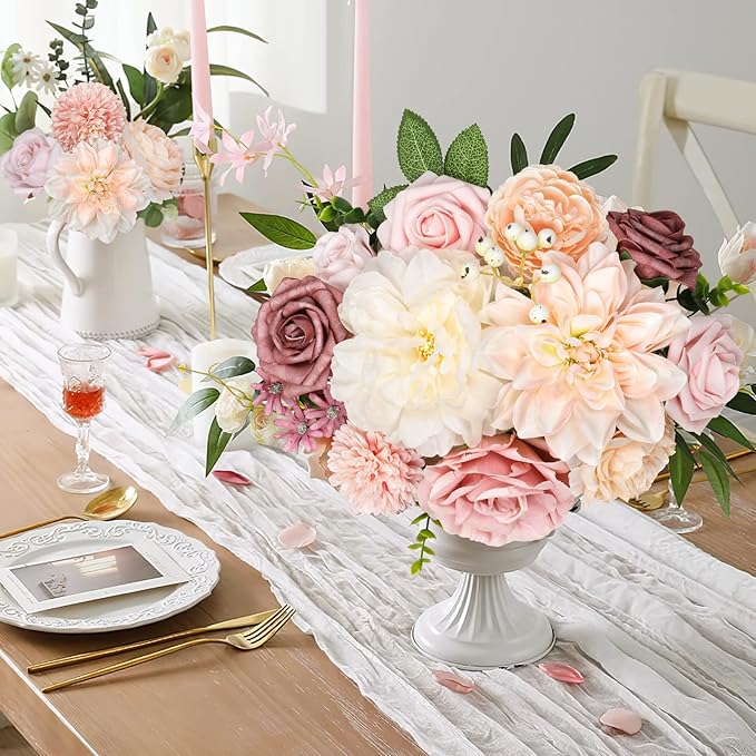 AmyHomie Blush Champagne Artificial Flowers Combo Silk Mix Peony Rose Fake Flowers w/Stem for DIY Wedding Bouquets Centerpieces Arrangements Table Fall Decor Party Bridal Baby Shower Home Decorations