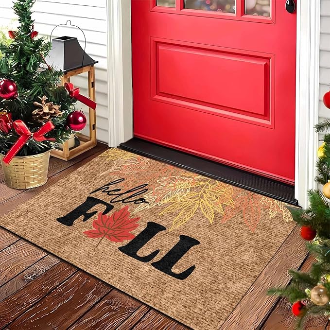 Hello Fall Door Mat, Fall Maple Leaves Welcome Mat for Indoor Outdoor Entrance Floor Mats Non Slip Vintage Doormat for Autumn Halloween Thanksgiving Farmhouse Decor, 24"x16"inch