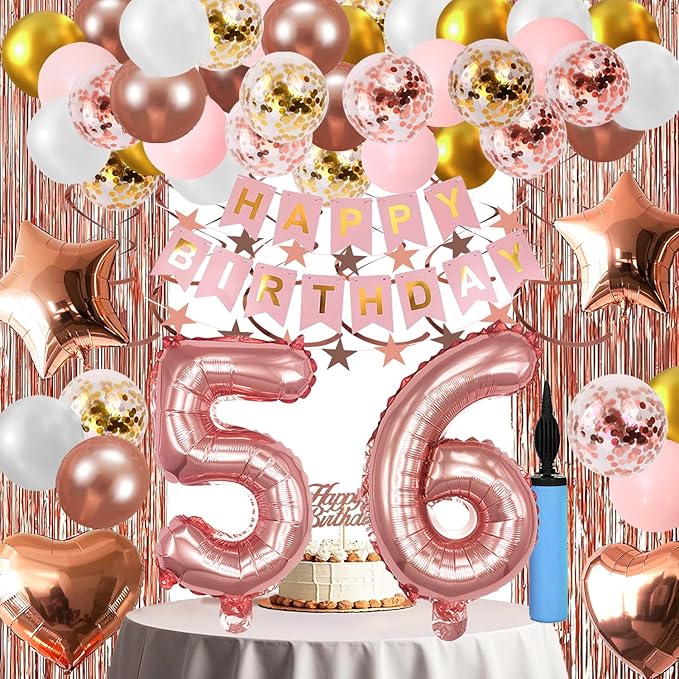 56th Birthday Decorations For Women, 56 Year Olds Happy Birthday Banners Party Decor Foil Fringe Curtains Heart Star Confetti Balloons, 56th Rose Gold Party Supplies for Girls Women Her