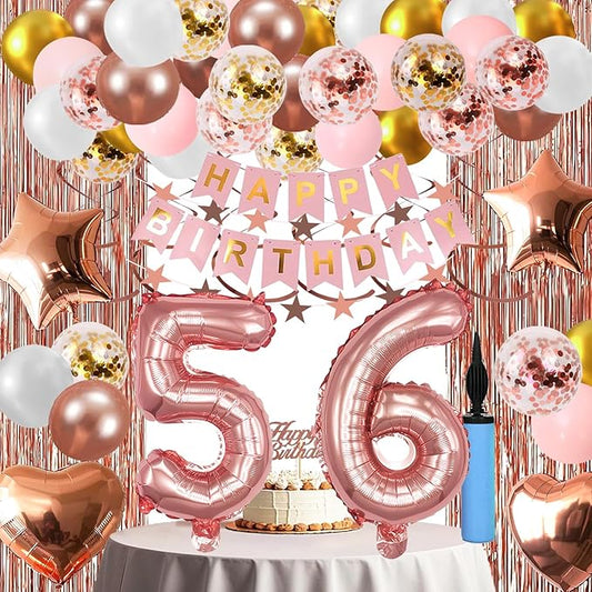 56th Birthday Decorations For Women, 56 Year Olds Happy Birthday Banners Party Decor Foil Fringe Curtains Heart Star Confetti Balloons, 56th Rose Gold Party Supplies for Girls Women Her