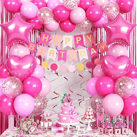 Pink Birthday Decorations for Girls, Hot Light Pink Balloon Garland Arch Kit Happy Birthday Banner Foil Curtain Heart Star Foil Party Balloons for Princess Party Decor