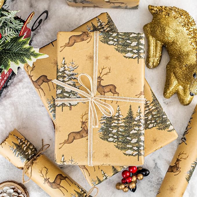Garbendy Kraft Wrapping Paper Roll - 17 Inch X 32.8 Feet - Reindeer & Christmas Trees Design Printed in Wrapping Paper with Cut Lines on Reverse Perfect for Christmas, Birthday, Baby Shower,Party