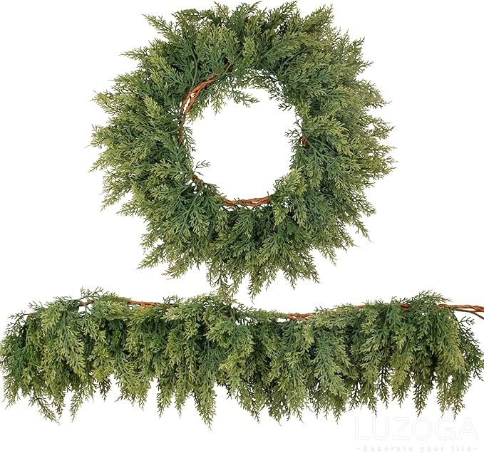 2 Pcs 6ft Real Touch Christmas Cedar Garland - Artificial Soft and Thickness Faux Green Full Cedar Pine Needles Garland for Fireplace Mantel, Table, Doorframe, Indoor Outdoor Xmas Holiday Decorations