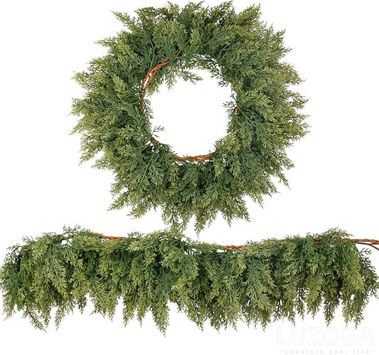 2 Pcs 6ft Real Touch Christmas Cedar Garland - Artificial Soft and Thickness Faux Green Full Cedar Pine Needles Garland for Fireplace Mantel, Table, Doorframe, Indoor Outdoor Xmas Holiday Decorations