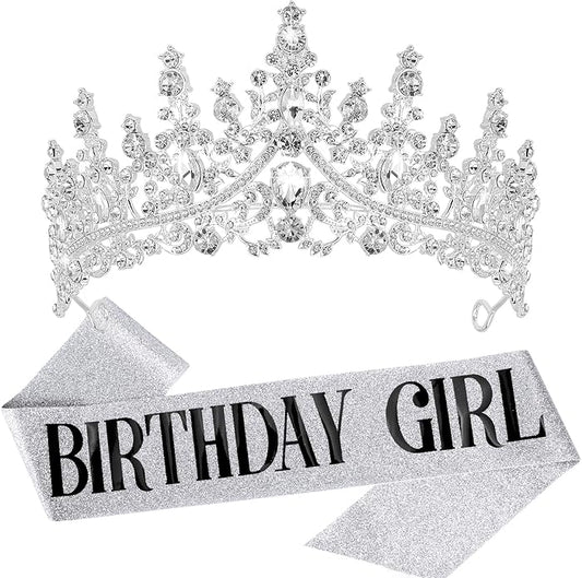 VELSCRUN Birthday Tiara Crowns for Women Girls Crystal Birthday Girl Headband Sash Elegant Princess Crown Happy Birth Party Decorations Women Sisters Birth Gift Hair Accessories