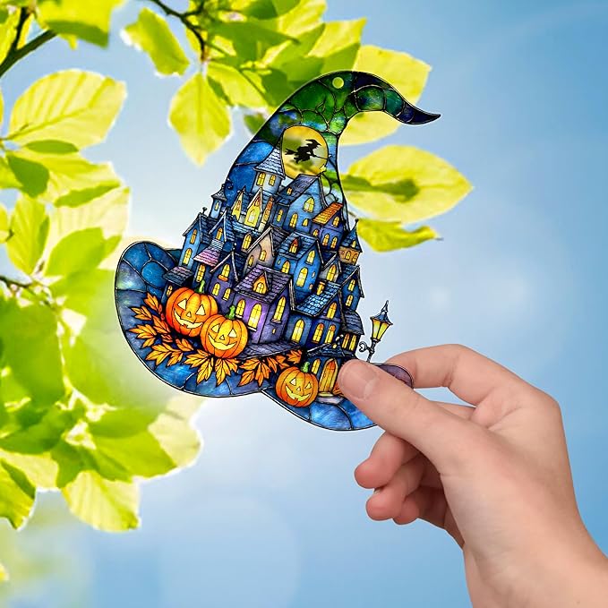 Witch Hat Suncatcher for Window Hanging, Gothic Halloween Decoration, Spooky Town Pumpkin Acrylic Ornament, Jack-o’-Lantern Fantasy Decor, Autumn Halloween Christmas Witchy Gifts for Women, Friends